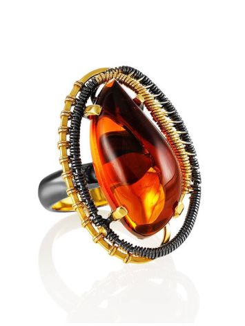 Cognac Amber Adjustable Ring In Gold-Plated Silver The Triumph, Ring Size: Adjustable, image 