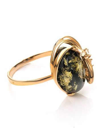 Gold-Plated Ring With Green Amber And Crystals The Swan, Ring Size: 12 / 21.5, image 