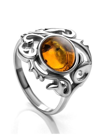 Filigree Silver Cocktail Ring With Cognac Amber The Tivoli, Ring Size: 7 / 17.5, image 