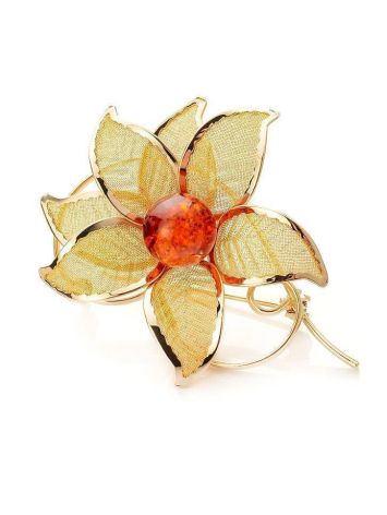 Cognac Amber Floral Brooch In Gold Plated Silver The Beoluna, image 