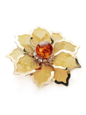 Bold Gold-Plated Floral Brooch With Cognac Amber And Crystals The Beoluna, image 
