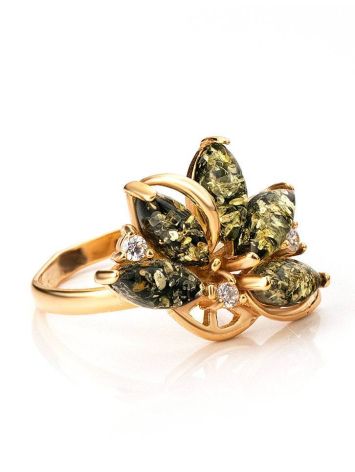 Bold Green Amber Ring In Gold-Plated Silver With Crystals The Verbena, Ring Size: 13 / 22, image 