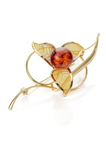Cognac Amber Brooch In Gold Plated Silver The Beoluna, image 