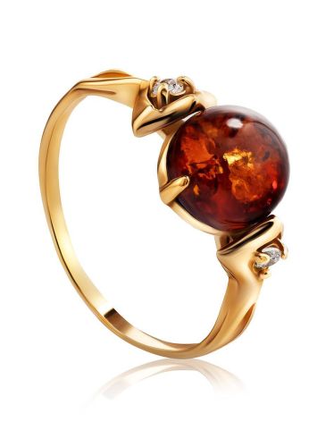 Cognac Amber Ring In Gold-Plated Silver With Crystals The Sambia, Ring Size: 12 / 21.5, image 