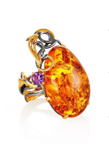 Adjustable Gold-Plated Ring With Cognac Amber And Crystals The Triumph, Ring Size: Adjustable, image 