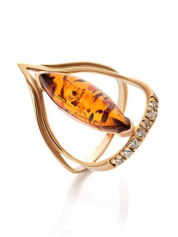 Gold-Plated Ring With Cognac Amber And Champagne Crystals The Raphael, Ring Size: 5.5 / 16, image 
