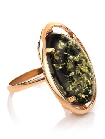 Green Amber Cocktail Ring In Gold-Plated Silver The Elegy, Ring Size: 13 / 22, image 