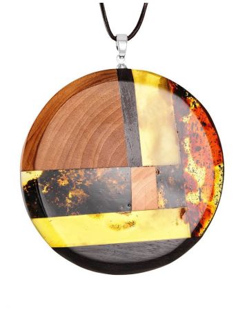 Round Wooden Pendant With Multicolor Amber The Indonesia, image 