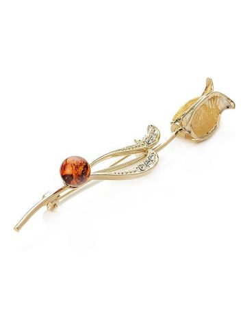 Cute Gold Plated Floral Brooch With Amber And Crystals The Beoluna, image 