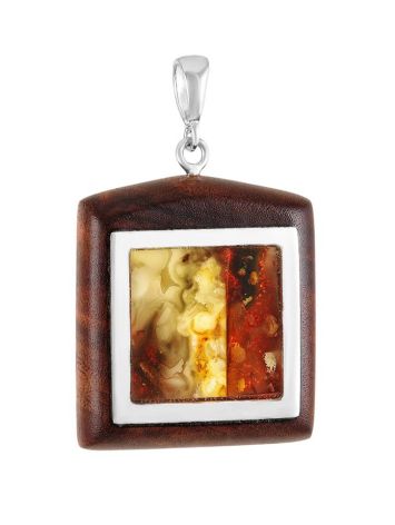 Square Wooden Pendant With Cognac Amber The Indonesia, image 