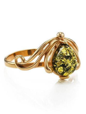 Bold Gold-Plated Ring With Green Amber The Swan, Ring Size: 13 / 22, image 