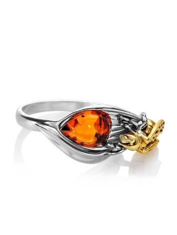 Sterling Silver Ring With Cognac Amber The Bee, Ring Size: 9.5 / 19.5, image 