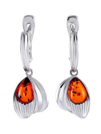 Adorable Silver Drop Earrings With Cognac Amber The Bee, image 