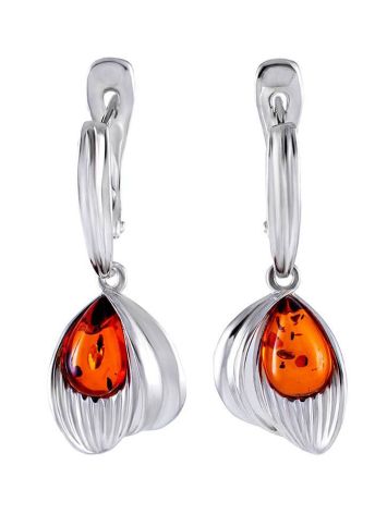 Adorable Silver Drop Earrings With Cognac Amber The Bee, image 