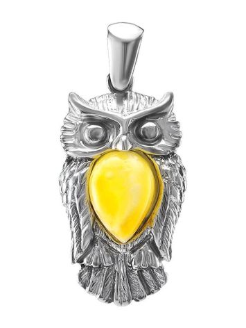 Sterling Silver Owl Pendant With Honey Amber, image 