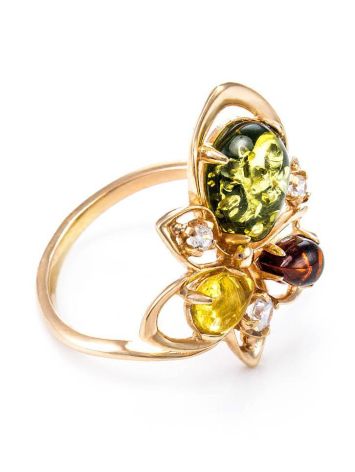 Multicolor Amber Ring In Gold-Plated Silver With Crystals The Edelweiss, Ring Size: 6 / 16.5, image 