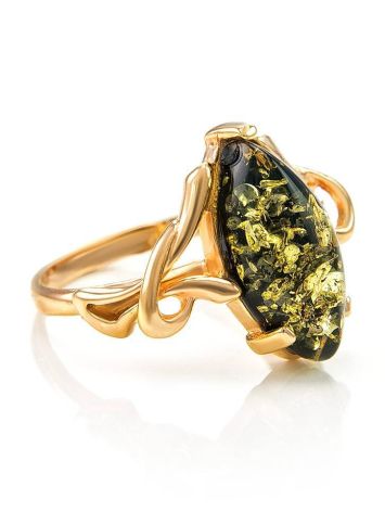 Bold Gold-Plated Ring With Green Amber The Constance, Ring Size: 12 / 21.5, image 