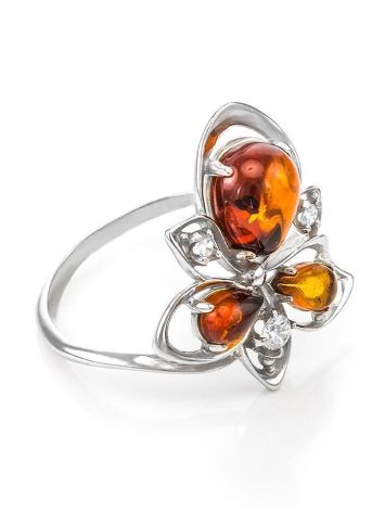 Bold Silver Ring With Cognac Amber And Crystals The Edelweiss, Ring Size: 11.5 / 21, image 