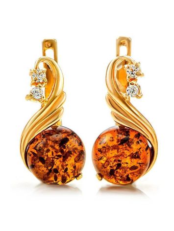 Cognac Amber Earrings In Gold-Plated Silver With Crystals The Swan, image 