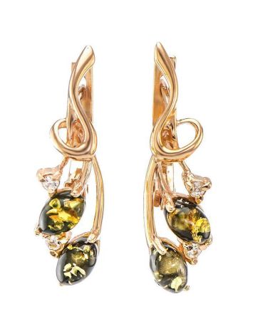 Green Amber Earrings In Gold With Crystals The Verbena, image 