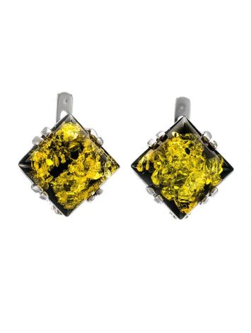 Geometric Silver Earrings With Green Amber The Astoria, image 