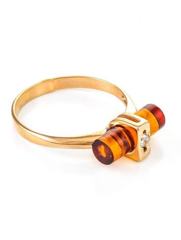 Cylindrical Cut Amber Ring In Gold With Crystal The Scandinavia, Ring Size: 6.5 / 17, image 