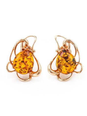 Floral Gold-Plated Earrings With Cognac Amber The Daisy, image 