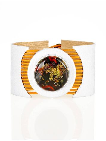 White Leather Bracelet With Green Amber The Amazon, image 