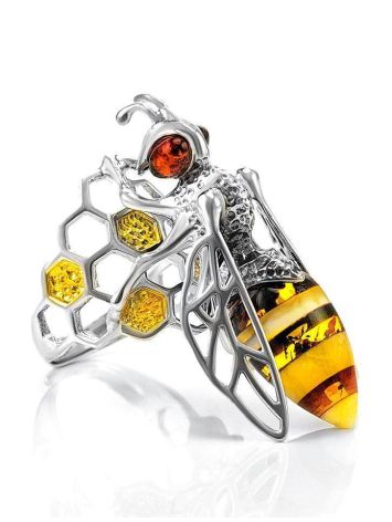 Cocktail Silver Ring With Honey Amber The Bee, Ring Size: Adjustable, image 