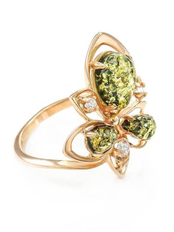 Green Amber Ring In Gold With Crystals The Edelweiss, Ring Size: 8 / 18, image 