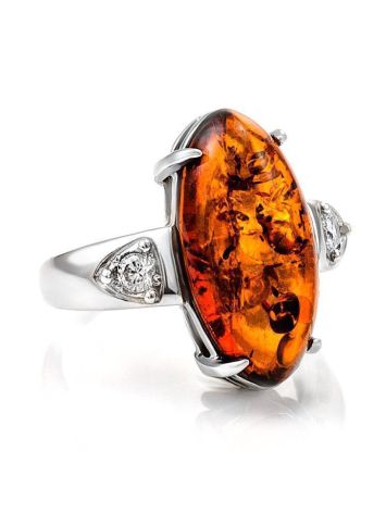 Voluptuous Cognac Amber Ring In Sterling Silver With Crystals The Penelope, Ring Size: 13 / 22, image 