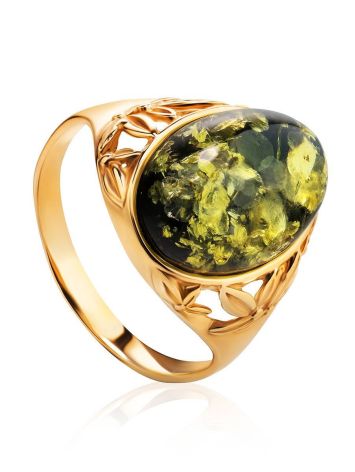 Green Amber Ring In Gold-Plated Silver The Carmen, Ring Size: 6 / 16.5, image 