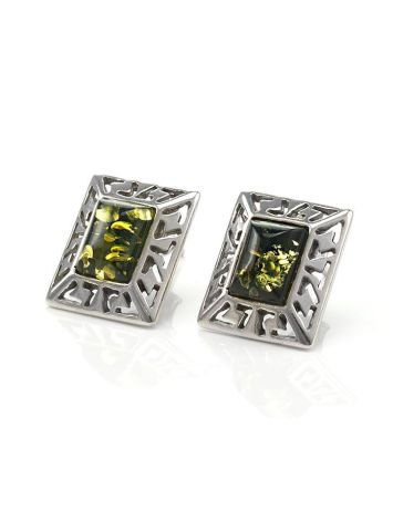 Elegant Silver Stud Earrings With Green Amber The Ithaca, image 