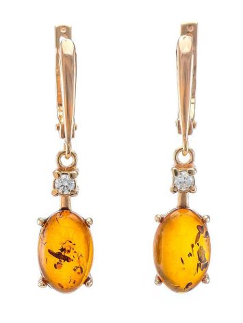 Bold Gold-Plated Drop Earrings With Cognac Amber With Crystals The Nostalgia, image 