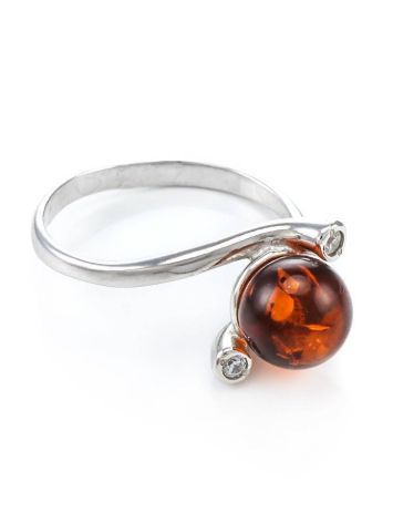 Cute Silver Ring With Cognac Amber And Crystals The Themis, Ring Size: 11.5 / 21, image 