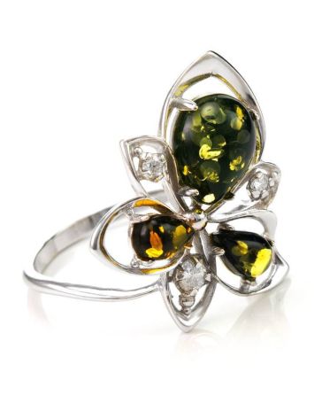Sterling Silver Ring With Green Amber And Crystals The Edelweiss, Ring Size: 12 / 21.5, image 