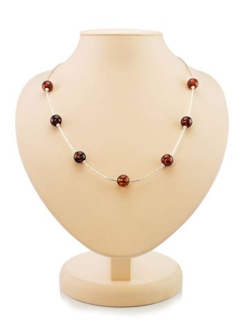 Silver Chain Necklace With Cherry Amber Beads, image 