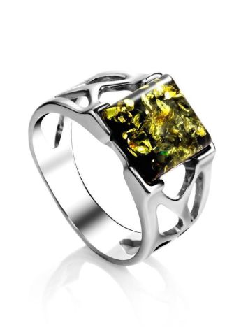 Sterling Silver Ring With Bright Green Amber The Artemis, Ring Size: 13 / 22, image 