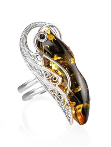 Handcrafted Green Amber Ring In Sterling Silver The Dew, Ring Size: Adjustable, image 