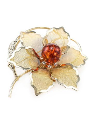 Gold-Plated Brooch With Cognac Amber And Crystals The Beoluna, image 