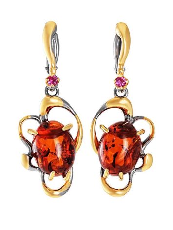 Drop Cognac Amber Earrings In Gold-Plated Silver With Crystals The Pompadour, image 