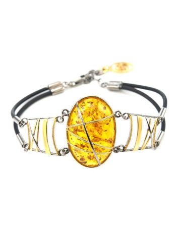 Designer Silver Bracelet With Cognac Amber And Caoutchouc The Meridian, image 