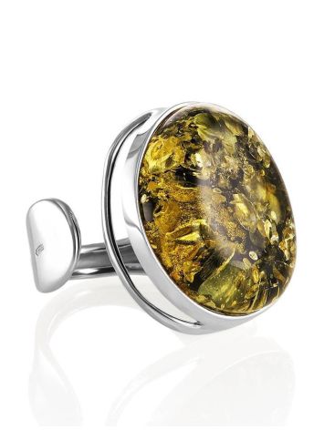 Stylish Silver Adjustable Ring With Green Amber The Glow, Ring Size: Adjustable, image 