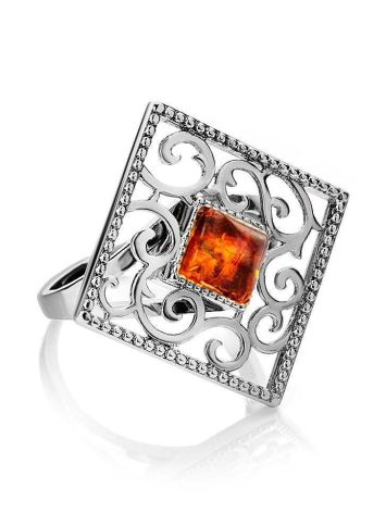 Square Sterling Silver Ring With Cognac Amber The Arabesque, Ring Size: 11 / 20.5, image 