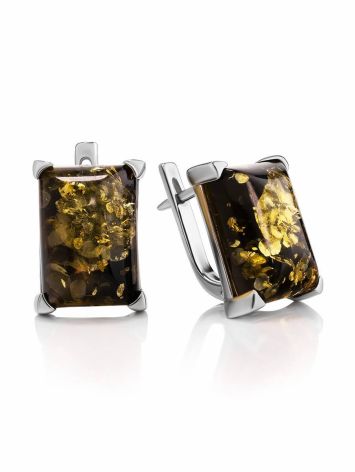 Silver Earrings With Square Green Amber Stone The Rectangle, image 