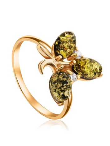 Gold-Plated Ring With Green Amber With Crystals The Verbena, Ring Size: 11.5 / 21, image 