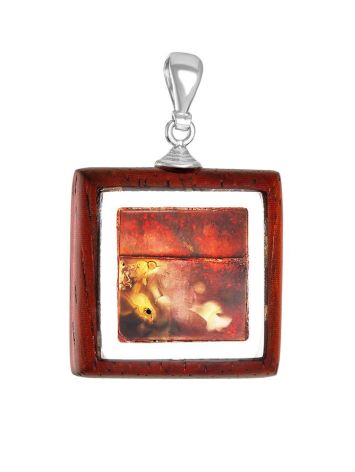 Square Wooden Pendant With Cognac Amber The Indonesia, image 