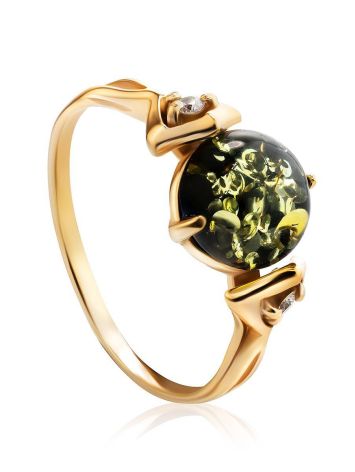 Green Amber Ring In Gold-Plated Silver With Crystals The Sambia, Ring Size: 12 / 21.5, image 