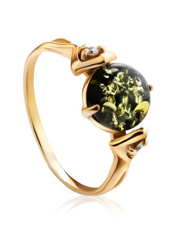 Green Amber Ring In Gold-Plated Silver With Crystals The Sambia, Ring Size: 11.5 / 21, image 