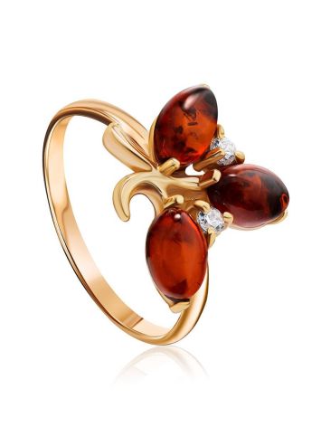 Refined Gold-Plated Ring With Cognac Amber And Crystals The Verbena, Ring Size: 13 / 22, image 
